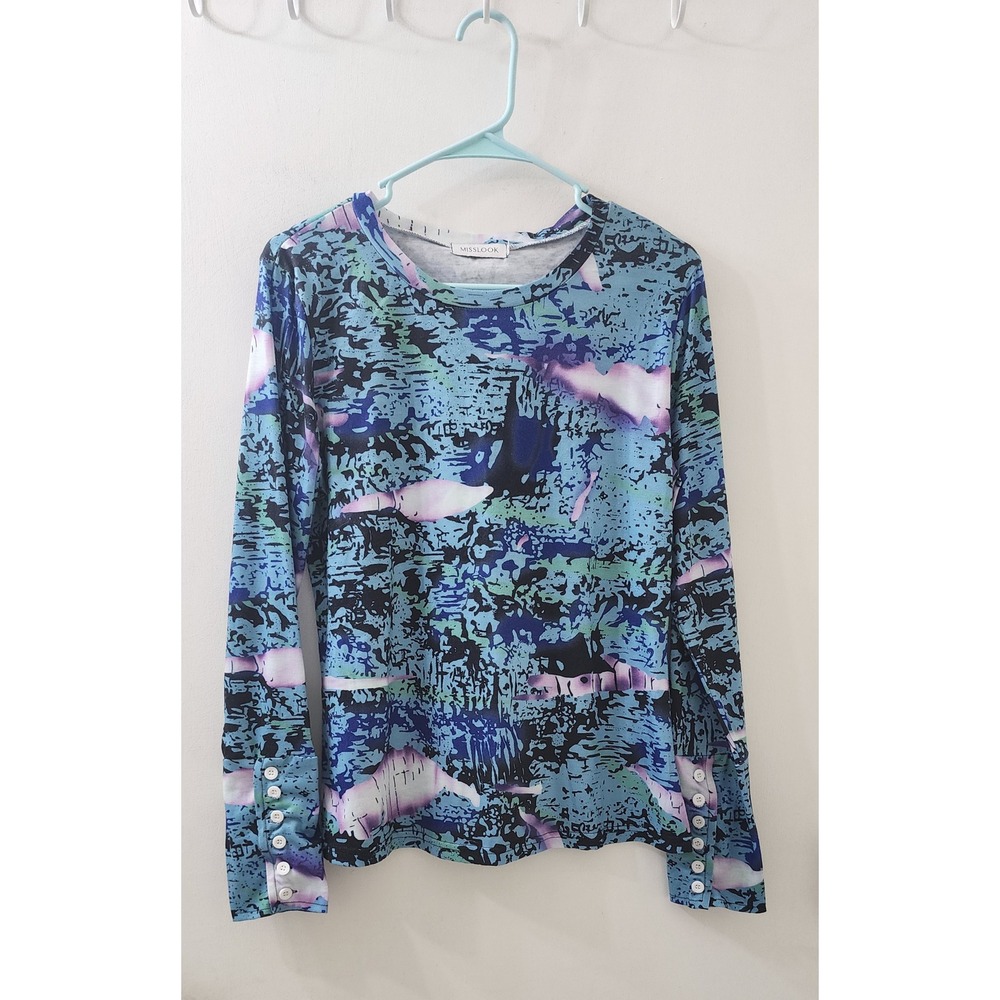 Misslook Womens Abstract Print Long Sleeve Button Cuff Top Blue Purple Size S
